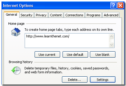 Internet Explorer Options Window